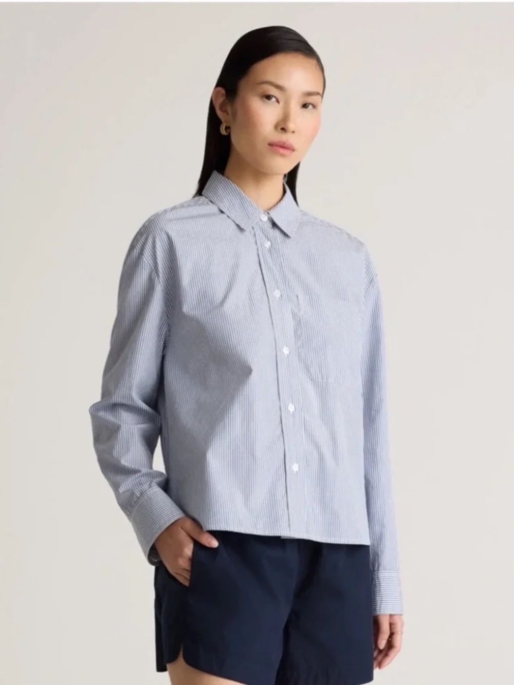 Quince • 100% Organic Cotton Poplin Cropped Long Sleeve Shirt Striped